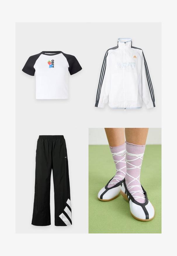 Biela bunda Adidas na zips s vysokým golierom, čiernymi rukávmi s tromi pruhmi a oranžovým logom na hrudi.; Krátky rukáv tričko s bielym telom a čiernymi raglánovými rukávmi. Obsahuje grafiku jahody a modrej ruky a text "OBEY" v čiernej farbe.; Čierne nohavice s širokými nohavicami vyrobené z ľahkého materiálu, s elastickým pásom a bielym diagonálnym pruhom na ľavej nohavici.; Nohy v rebrovaných levanduľových ponožkách s bielymi krížovými pásmi v kombinácii s bielymi baletnými papučkami s čiernym lemom na zelenej podlahe.