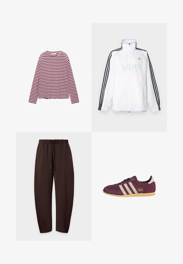 Veste zippée Adidas blanche avec col montant, manches noires à trois bandes et logo orange sur la poitrine.; Haut à manches longues avec col rond, à rayures horizontales roses et marron, coupe ample et ourlet droit sur un fond blanc.; Pantalon décontracté marron avec taille élastique et cordon, présenté à plat sur un fond clair.; Baskets en daim bordeaux avec trois bandes horizontales crème, logo doré "adidas JAPAN" et semelle extérieure en gomme texturée.
