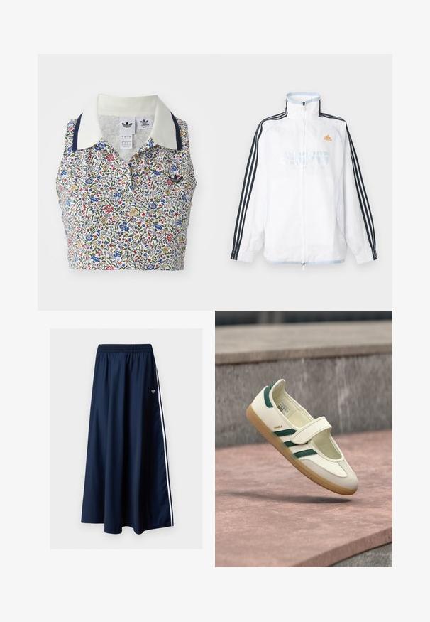 Valkoinen Adidas-vetoketjulla varustettu takki, jossa on korkea kaulus, mustat kolmiraidalliset hihat ja oranssi logo rinnassa.; Kukka-lyhyt toppi, jossa valkoinen pohja sinisillä, punaisilla ja keltaisilla kukilla. Sisältää valkoisen kauluksen tummansinisillä yksityiskohdilla ja brodeeratun logon.; Laivastonsininen maksihame, jossa joustava vyötärönauha, kaksi valkoista sivuraitaa ja pieni valkoinen Adidas-logo vasemmalla puolella.; Valkoinen nahkakenkä vihreillä raidoilla, pyöreä kärki, hihnalla varmistettu. Kumipohja, minimalistinen muotoilu, korotettu ommel yläreunoilla.