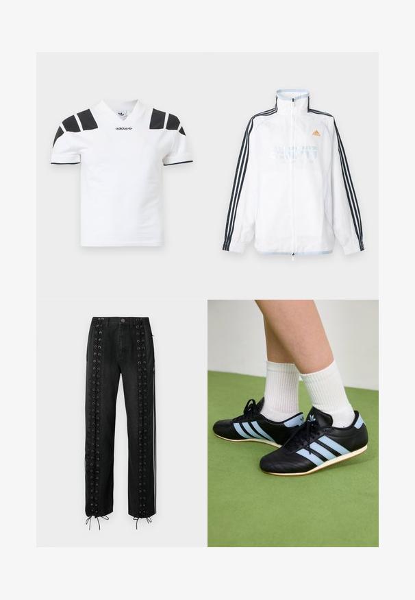 Λευκό μπουφάν Adidas με φερμουάρ και ψηλό γιακά, μαύρα μανίκια με τρεις ρίγες και πορτοκαλί λογότυπο στο στήθος.; Λευκό κοντομάνικο πουκάμισο με μαύρες λεπτομέρειες στους ώμους και γιακά. Διαθέτει σχέδιο με V-λαιμόκοψη και λογότυπο Adidas στο μπροστινό μέρος. Υλικό από βαμβάκι.; Μαύρο τζιν παντελόνι με πλαϊνές πιέτες που έχουν λεπτομέρειες με κορδόνια, μεταλλικά κρικάκια και ρυθμιζόμενα κορδόνια στο τελείωμα. Σχεδίαση με ίσια γραμμή.; Μαύρα δερμάτινα αθλητικά παπούτσια με γαλάζιες ρίγες, υφασμάτινες επάνω επιφάνειες και καουτσούκ σόλες, σε συνδυασμό με λευκές πλεκτές κάλτσες σε πράσινο δάπεδο.