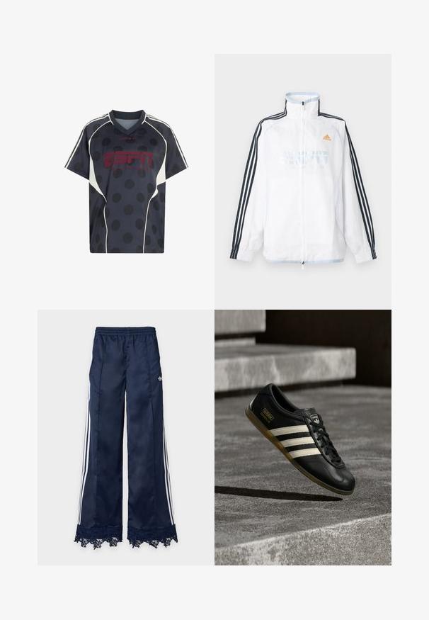 Λευκό μπουφάν Adidas με φερμουάρ και ψηλό γιακά, μαύρα μανίκια με τρεις ρίγες και πορτοκαλί λογότυπο στο στήθος.; Μπλε ναυτικό αθλητικό μπλουζάκι Adidas με μαύρες πουά βούλες, λευκές πλαϊνές λωρίδες, τρεις λευκές ρίγες στους ώμους και κόκκινο κείμενο "ESPN" μπροστά.; Ναυτικό μπλε παντελόνες φόρμας με φαρδύ μπατζάκι, λευκές ρίγες πλαϊνές, ελαστική μέση, λογότυπο adidas στο ισχίο και δαντέλα στο κάτω μέρος.; Μαύρο δερμάτινο αθλητικό παπούτσι με λευκό σχέδιο τριών ρίγων, ανάγλυφες λεπτομέρειες, μαύρα κορδόνια και καφέ σόλα. Το λογότυπο της μάρκας είναι ορατό στη γλώσσα του παπουτσιού.