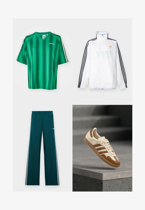 Valge Adidas lukuga jakk kõrge kraega, mustade kolme triibuga varrukatega ja oranži logoga rinnal.; Rohelist triibulist lühikeste varrukatega T-särki, millel on V-kaelus ja Adidas logo. Disainitud valgete kontrastsete külgtriipudega ning valmistatud siledast, kergest kangast.; Tömbiistmelised laiad rohelised spordipüksid elastse vöökohaga, valgete küljeribadega, tõmblukuga taskutega ja väikese valge kolme lehega logoga paremal reiel.; Klassikalised tossud kreemja nahkkattega pealmise osa, pruunide detailide, kolme triibu ja tekstureeritud kummist tallaga. Omavad ümarat varbavahet ja paelaga kinnitust.