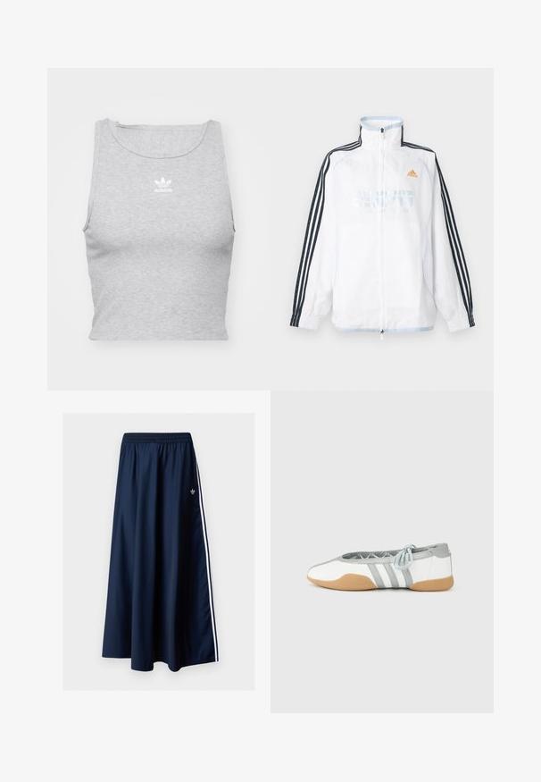 Valge Adidas lukuga jakk kõrge kraega, mustade kolme triibuga varrukatega ja oranži logoga rinnal.; Hallikas, ilma varrukat crop top pehmest kangast, ümarate kaelustega ja väikese valge Adidas logo'ga rinna peal.; Tumesinine maksiseelik elastse vöökohaga, kaks valget küljetriba ja väike valge Adidas logo vasakul küljel.; Valged ja hallid baleriinakingad ümara varbaga ja elastse paelaga, millel on kolm halli triipu ning beež kummist tald.