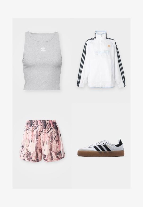 Witte Adidas jas met ritssluiting, hoge kraag, zwarte mouwen met drie strepen en oranje logo op de borst.; Grijze, mouwloze crop top gemaakt van een zachte stof, met een ronde halslijn en een klein wit Adidas-logo op de borst.; Roze en bruine patroonshorts met een elastische tailleband en zijstrepen, voorzien van een grafisch ontwerp dat lijkt op bladgroen en takken.; Witte leren sneakers met zwarte strepen, gumrubberen buitenzool, ronde neus, vetersluiting en een zachte grijze suède neuskap.