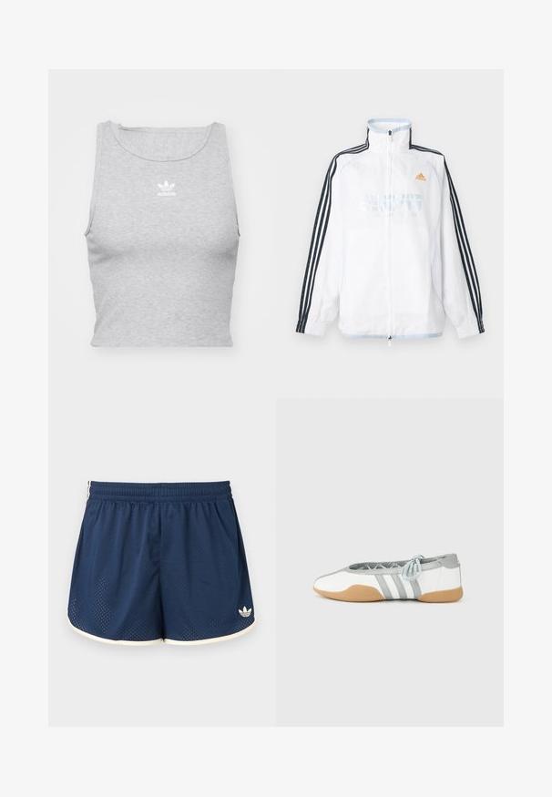 Weißes Adidas Zip-up-Jacke mit hohem Kragen, schwarzen Ärmeln mit drei Streifen und orangefarbenem Logo auf der Brust.; Graues, ärmelloses Crop-Top aus weichem Stoff, mit Rundhalsausschnitt und kleinem weißen Adidas-Logo auf der Brust.; Marineblaue Sportshorts mit elastischem Bund, weißem Saum, atmungsaktivem Mesh-Gewebe und Adidas-Logo am unteren rechten Bein.; Weiße und graue Ballerinas mit abgerundeter Spitze und elastischer Schnürung, mit drei grauen Streifen und einer beigen Gummisohle.