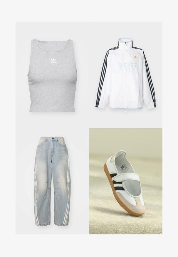 Weißes Adidas Zip-up-Jacke mit hohem Kragen, schwarzen Ärmeln mit drei Streifen und orangefarbenem Logo auf der Brust.; Graues, ärmelloses Crop-Top aus weichem Stoff, mit Rundhalsausschnitt und kleinem weißen Adidas-Logo auf der Brust.; Hellblaue Jeans aus Denim mit lockerer Passform, seitlichen weißen Streifen, verwaschenem Design und einem Knopfverschluss an der Taille.; Weiße Schuhe mit einer pinken Wildleder-Zehe, schwarzen Streifen und einem Klettverschluss. Sie verfügen über eine tanfarbene Gummisohle und ein Logo an der Seite.