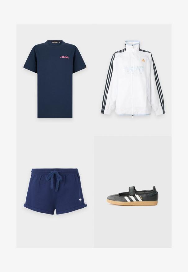 Λευκό μπουφάν Adidas με φερμουάρ και ψηλό γιακά, μαύρα μανίκια με τρεις ρίγες και πορτοκαλί λογότυπο στο στήθος.; Μπλε ναυτικό κοντομάνικο μπλουζάκι με ροζ λογότυπο «ellesse» στο αριστερό στήθος και μικρό λογότυπο στο δεξί μανίκι.; Σκούρο μπλε αθλητικό σορτς με ελαστική μέση, κορδόνι μπροστά που δένει, λευκές ρίγες στα πλαϊνά και μικρό λευκό λογότυπο στο αριστερό πόδι.; Μαύρο δερμάτινο και σουέντ αθλητικό παπούτσι με ιμάντα Velcro, χαρακτηρισμένο από τρεις λευκές ρίγες και καουτσούκ σόλα, με την ένδειξη "SAMBA" στο πλάι.