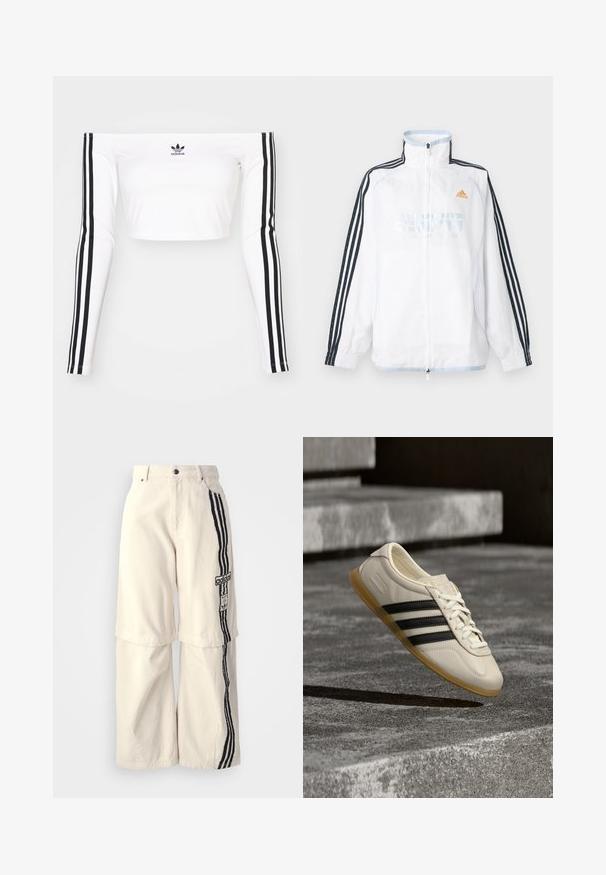Biela bunda Adidas na zips s vysokým golierom, čiernymi rukávmi s tromi pruhmi a oranžovým logom na hrudi.; Biely dlhý rukáv top bez ramienok v pružnom materiáli. Má čierne trojprúžkové akcenty na rukávoch a malé čierne logo na hrudi.; Bežové nohavice s širokými nohavicami vyrobené z bavlny, s čiernym trojpruhovým dizajnom po boku a nášivkou loga Adidas na stehne.; Biela teniska s čiernymi pruhmi a gumovou podrážkou vznášajúca sa nad betónovým schodiskom v mäkkom dennom svetle.