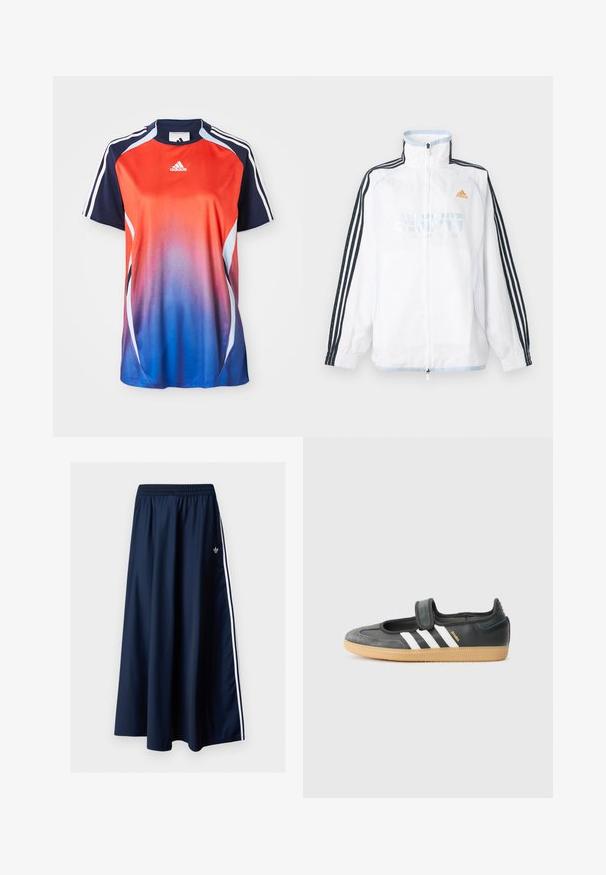 Biela bunda Adidas na zips s vysokým golierom, čiernymi rukávmi s tromi pruhmi a oranžovým logom na hrudi.; Adidas športová košeľa s krátkym rukávom s gradientom od červenej po modrú, s námorníckymi akcentmi a bielymi pruhmi pozdĺž ramien.; Tmavomodrá maxi sukňa s elastickým pásom, dvoma bielymi bočnými pruhmi a malým bielym logom Adidas na ľavej strane.; Čierne kožené a zamšové tenisky s Velcro pásikom, s tromi bielymi pruhmi a gumenou podrážkou, označené nápisom "SAMBA" na boku.