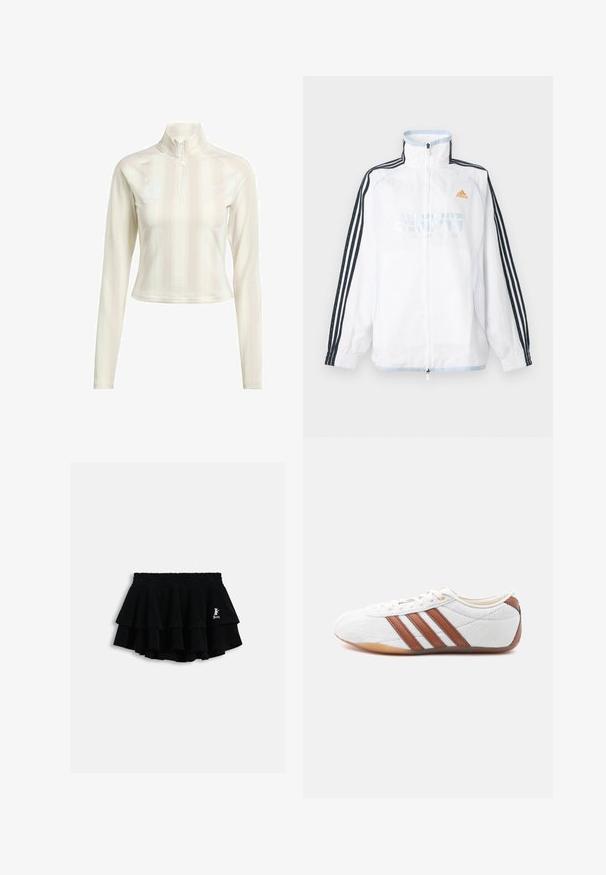 Weißes Adidas Zip-up-Jacke mit hohem Kragen, schwarzen Ärmeln mit drei Streifen und orangefarbenem Logo auf der Brust.; Weißes langärmliges Zip-Up-Oberteil mit hohem Kragen, das dezente vertikale Streifen und Logo-Akzente auf der Brust und dem Ärmeln aufweist. Weiche Stoffstruktur.; Schwarzer, geschichteter Minirock mit elastischem Bund und kleinem weißen Logo auf der rechten Seite, präsentiert vor hellem einfarbigem Hintergrund.; Weißer Sneaker mit niedrigem Schaft, braunen Lederstreifen, Schnürverschluss und einer Laufsohle aus Gummimaterial, von der Innenseite auf weißem Hintergrund gezeigt.