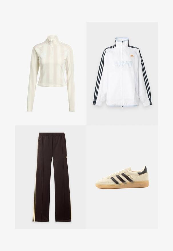 Hvid Adidas lynlåsjakke med høj krave, sorte ærmer med tre striber og orange logo på brystet.; Hvid langærmet zip-up top med høj krave, der har subtile lodrette striber og logoaccenter på brystet og ærmet. Blødt stof.; Sorte træningsbukser med gule sidelister, elastisk taljebånd, lynlåslommer i siderne og en lille logo på den øvre lår.; Kremfarvet ruskindssneaker med sorte striber, gummisål, sort hælstrop og gyldent "SPEZIAL"-tekst på siden.