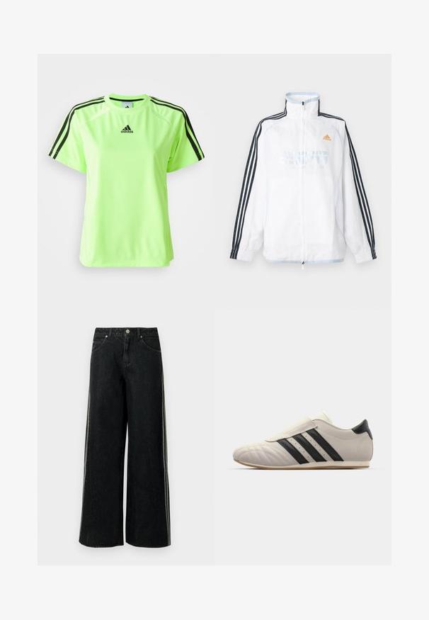 Λευκό μπουφάν Adidas με φερμουάρ και ψηλό γιακά, μαύρα μανίκια με τρεις ρίγες και πορτοκαλί λογότυπο στο στήθος.; Νεον πράσινο αθλητικό μπλουζάκι από ύφασμα που απορροφά την υγρασία. Διαθέτει μαύρο σχέδιο με τρεις λωρίδες στους ώμους και λογότυπο κεντραρισμένο στο στήθος.; Μαύρο τζιν παντελόνι με φαρδιά μπατζάκια, με ρίγες στο πλάι, εμπρόσθιες τσέπες, θηλιές για ζώνη και μεταλλικό κουμπί κλεισίματος στη μέση.; Ανοιχτό γκρι αθλητικό παπούτσι με μαύρες ρίγες, στρογγυλή μύτη, λείο δερμάτινο άνω μέρος, κλείσιμο με βελουτέ λουράκι και καουτσούκ σόλα.