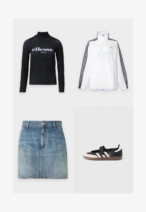 Witte Adidas jas met ritssluiting, hoge kraag, zwarte mouwen met drie strepen en oranje logo op de borst.; Zwarte longsleeve top met een hoge kraag, voorzien van een witte bedrukte "ellesse 1959" logo op de borst; zachte, rekbare stof.; Denim minirok met knoop aan de voorkant, riemlussen, gebogen voorzakken en lichte slijtage-details op de zakken en zoom.; Zwart-beige sneaker met een klittenbandsluiting, drie witte strepen aan de zijkant en een getextureerde bruine rubberen zool. Merkembleem zichtbaar.