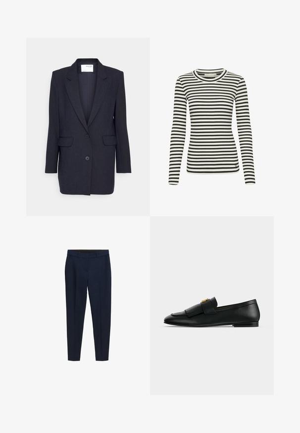 Blazer azul marino oscuro hecho de tejido texturizado. Cuenta con solapa de muesca, dos bolsillos frontales y cierre de doble botón. Mangas largas.; Camisa de manga larga a rayas blancas y negras con una textura acanalada y un escote redondo. Presenta un pequeño logo en la parte inferior delantera.; Pantalones de corte entallado en azul marino, con pasadores para cinturón, bolsillos laterales y un pliegue frontal.; Mocasín negro de cuero con solapa frontal con flecos y una pequeña hebilla dorada sobre un fondo gris claro liso.
