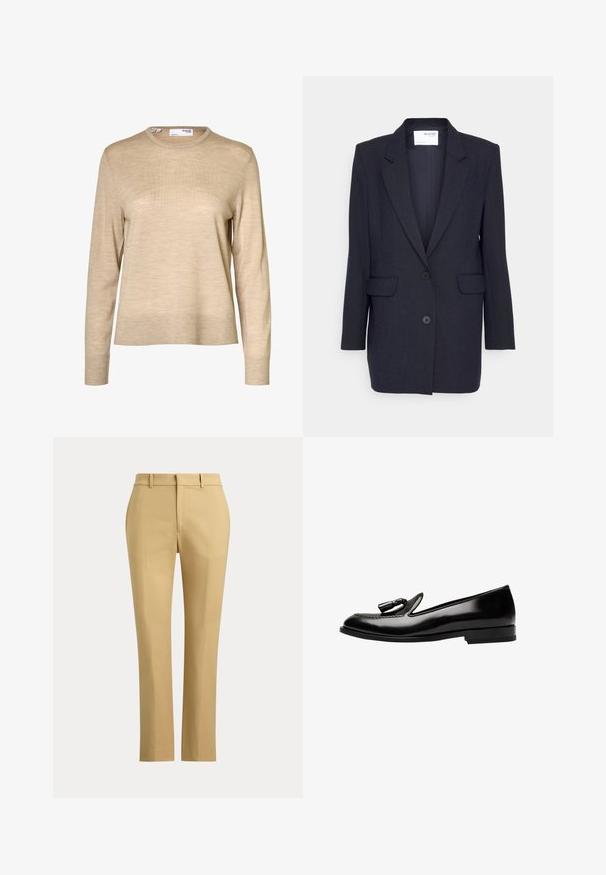 Blazer noir marine en tissu texturé. Il présente un revers cranté, deux poches avant et une fermeture à double boutonnage. Manches longues.; Pull en laine beige à manches longues avec col rond et poignets et ourlet côtelés, présenté sur fond blanc.; Pantalon beige droite avec passants de ceinture, pli à l'avant et ceinture unie sur fond uni.; Mocassins en cuir noir avec une finition brillante, dotés d'un accent en gland, d'un bout rond et d'un talon bas pour une apparence élégante.