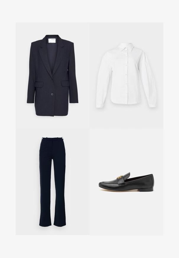 Mørkeblå blazer lavet af struktureret stof. Har en notch-lapel, to forlommer og dobbeltknaplukning. Lange ærmer.; Hvid skjorte med knapper lavet af glat bomuldsstof, med klassisk krave, lange ærmer og lige snit med knaplukning foran.; Marineblå bukser med lige ben design, lavet af et glat stof, med bæltestropper og lynlås foran.; Sorte læder loafers med rund tå, flad hæl og guldtonet hardware accent på remmen. Glat tekstur med minimale design detaljer.