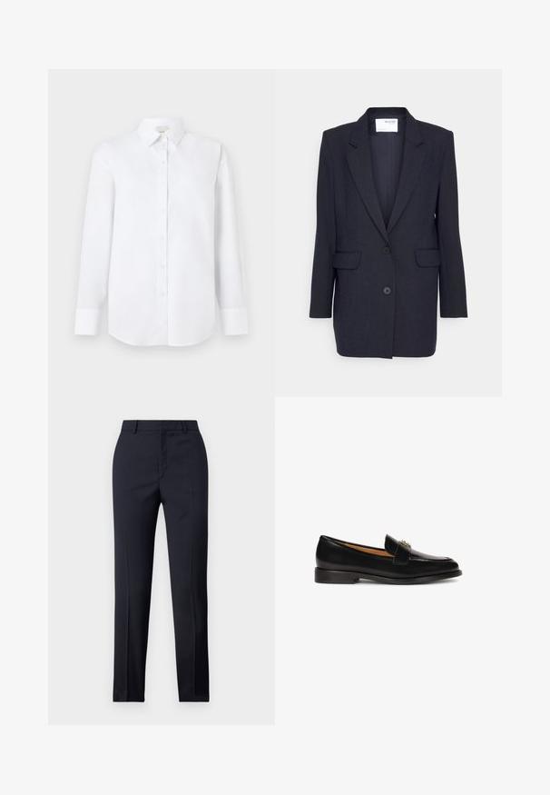 Mørkeblå blazer lavet af struktureret stof. Har en notch-lapel, to forlommer og dobbeltknaplukning. Lange ærmer.; Hvid langærmet skjorte lavet af glat stof, med knaplukning foran, klassisk krave og rundet bagkant med knappede manchetter.; Marineblå skræddersyede bukser med lige snit, der har en glat tekstur, to frontlommer og en ren talje.; Sort skind loafer med en afrundet tå, slank silhuet og en dekorativ rem med metaldetalje på forsiden. Flad gummisål.