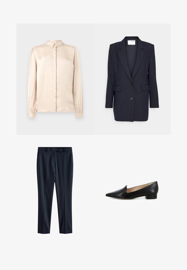 Donkerblauwe blazer van gestructureerde stof. Heeft een notch lapel, twee zijzakken en een dubbele knoopsluiting. Lange mouwen.; Beige satijnen overhemd met lange mouwen, met een button-down kraag, een voorplat en gathering in de mouwen bij de manchetten. Glad, glanzend textuur.; Marineblauwe broek van gladde stof met een rechte snit, voorzien van een tailleband met riemlussen en zijzakken.; Zwarte leren ballerina's met een spitse neus, lage blokhak en uitsnijding aan de binnenkant. Gladde textuur met een gepolijste afwerking.