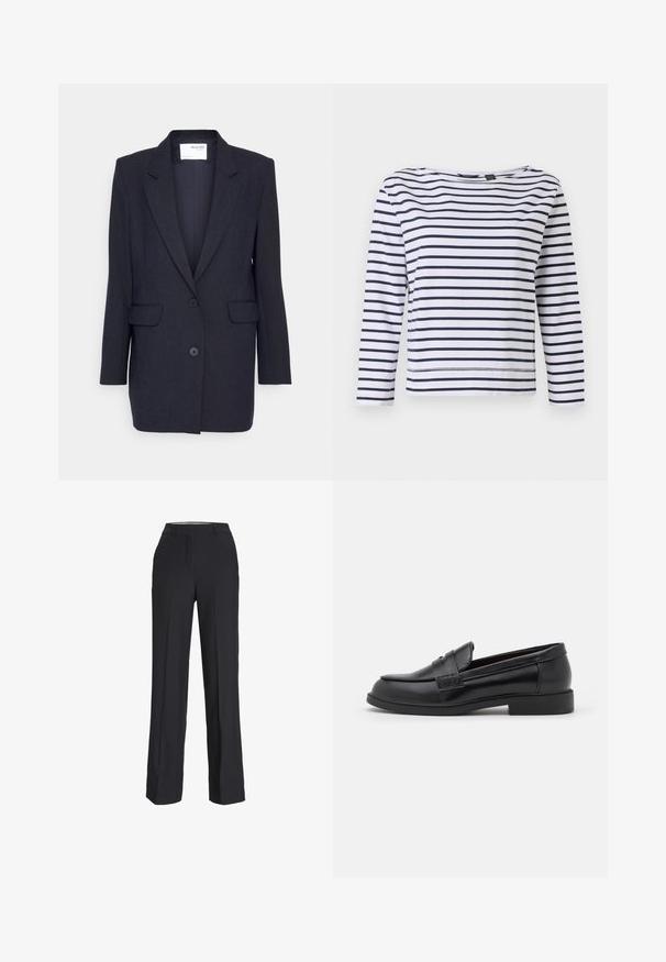 Blazer azul marino oscuro hecho de tejido texturizado. Cuenta con solapa de muesca, dos bolsillos frontales y cierre de doble botón. Mangas largas.; Top de rayas de manga larga en blanco y azul marino, con escote barco y un corte relajado. Fabricado en suave material de algodón con dobladillos cosidos.; Pantalones negros de cintura alta con corte recto. Fabricados en una tela suave, con pliegues delanteros y bolsillos laterales.; Mocasines de cuero negro con una textura suave, punta redondeada, detalles de costura en la parte superior y una suela de goma baja y plana.