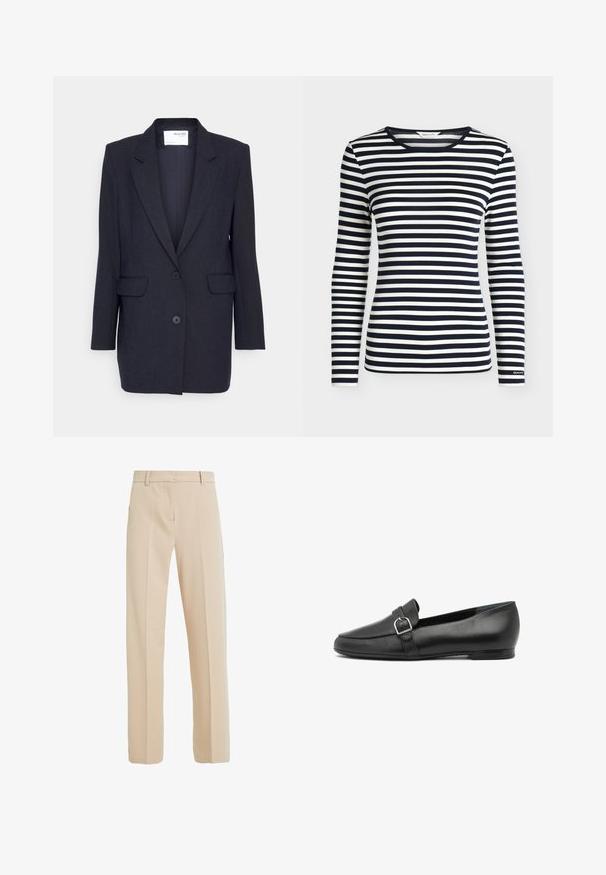 Blazer noir marine en tissu texturé. Il présente un revers cranté, deux poches avant et une fermeture à double boutonnage. Manches longues.; Chemise à manches longues avec des rayures horizontales bleu marine et blanches et un col rond, brandée GANT sur le bord de la manche.; Pantalons beige ajustés en tissu lisse, avec une coupe droite, des poches latérales et des détails de pli à l'avant.; Mocassins en cuir noir avec un bout carré, dotés d'une sangle décorative et d'une boucle sur le cou-de-pied. Texture lisse et petit talon.