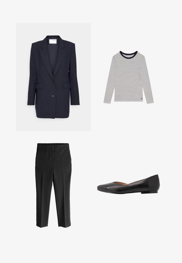 Donkerblauwe blazer van gestructureerde stof. Heeft een notch lapel, twee zijzakken en een dubbele knoopsluiting. Lange mouwen.; Wit shirt met lange mouwen en marineblauwe horizontale strepen. Heeft een ronde halslijn en een klein logo aan de onderkant links. Zachte stof.; Zwarte cropped broek met een brede tailleband, voorzien van een gladde textuur, taps toelopende benen en zijsplitten aan de zoom voor extra detail.; Zwarte leren platte schoen met een spitse neus, lage hak en een iets open bovenwerk ontwerp. Gladde textuur met minimale stikdetails.