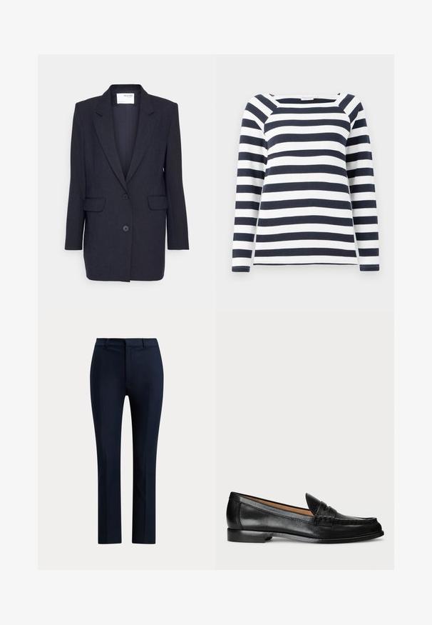 Mørkeblå blazer lavet af struktureret stof. Har en notch-lapel, to forlommer og dobbeltknaplukning. Lange ærmer.; TOM TAILOR STRIPED CARRE NECK - Langærmet T-shirt - lunar eclipse/off white; Mørk marineblå skræddersyede bukser med lige ben, bæltestropper og frontlynlås på hvid baggrund.; Lauren Ralph Lauren WYNNIE - Loafers - black