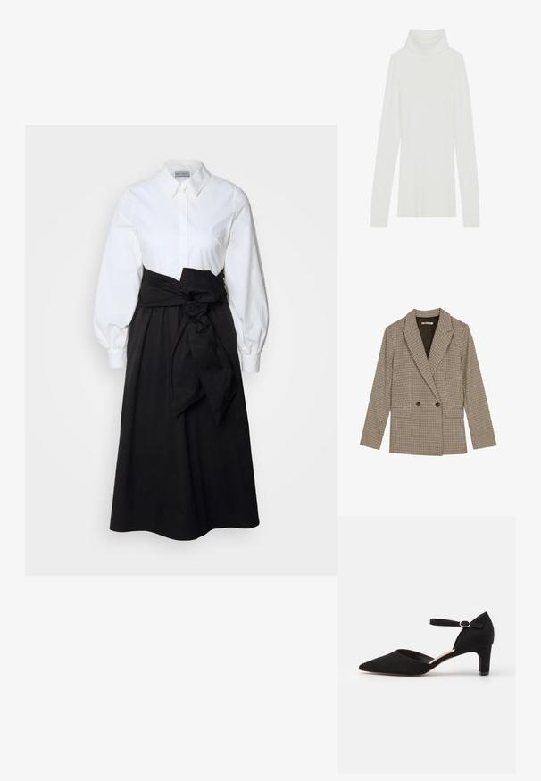 Dobbeltknappet blazer i brun og sort ternet mønster, med klapkrave, sidelommer og et let struktureret stof.; Hvid ribbet turtle neck striktrøje med lange ærmer, blød tekstur og høj rullekrave, der har en tætsiddende design uden synlige lukninger.; Hvid skjorte med lange pufærmer, parret med en sort nederdel og et stoffsnor bundet om taljen, lavet af glat bomuldsstof.; Sort ruskinds pumps med spids tå, ankelrem med cirkulær spænde og en lav blokhæl. Glat tekstur og minimalistisk design.