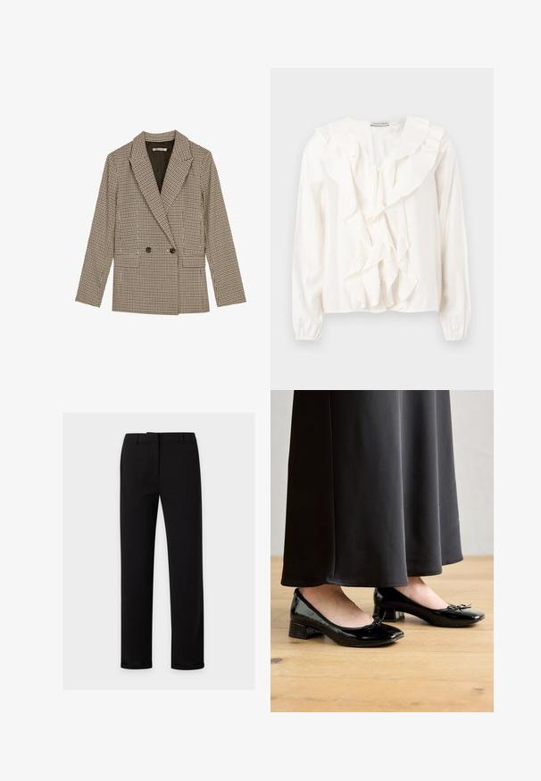 Doppelt komfortabler Blazer im braun-schwarz karierten Muster mit geknöpften Revers, Seitentaschen und einem leicht strukturierten Stoff.; Weiße Bluse mit einem Rüschendesign an der Vorderseite, weichem Stoff, langen Ärmeln und Knopfverschluss. Verfügt über einen strukturierten Kragen und gesammelte Manschetten.; Schwarze gerade geschnittene Hose mit Gürtelschlaufen, vorderem Reißverschluss und einem glatten Bund, auf einem schlichten hellen Hintergrund dargestellt.; Schwarze lackierte Ballerinas mit einer Schleifenakzent, niedrigem Blockabsatz und runder Spitze, die mit einem langen schwarzen Rock auf einem Holzfußboden getragen werden.