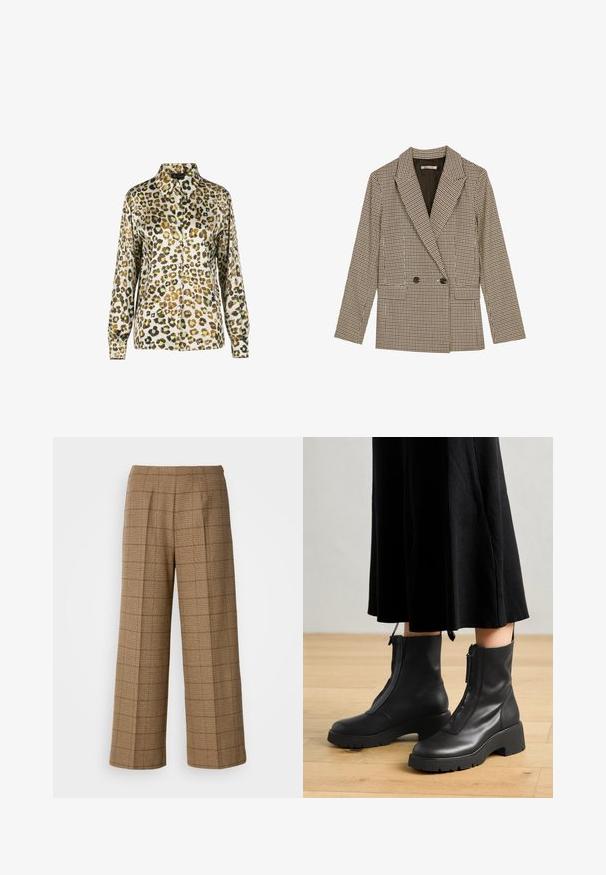 Dobbeltknappet blazer i brun og sort ternet mønster, med klapkrave, sidelommer og et let struktureret stof.; Bluse med leopardprint, kraveudskæring, lange ærmer og knaplukning foran. Stoffet har en glat og skinnende tekstur.; Brune ternede bukser med vidde og skræddersyet pasform, der har et struktureret stof og forhåndsfolder for ekstra struktur.; Sorte læder ankelstøvler med en kraftig platformsål og en frontlynlås. Glat tekstur med et minimalistisk design.