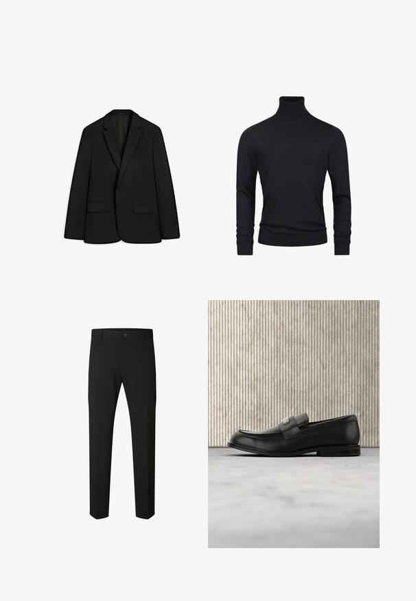 Schwarze Blazer aus schickem Stoff; verfügt über einen Reverskragen, zwei Vorderaschen und einen einzelnen Knopfverschluss. Glatte Textur und taillierte Passform.; Schwarzer Rollkragenpullover mit langen Ärmeln, aus glattem Strickstoff gefertigt, mit gerippten Bündchen und Saum für eine taillierte Optik.; Schwarze Slim-Fit-Hose mit Knopf- und Reißverschluss, Gürtelschlaufen und geraden Beinen auf weißem Hintergrund.; Schwarzer Lederloafer mit einer Metallmarkenplatte, der nahe einem braunen runden Tisch auf beigem Teppichboden ruht.