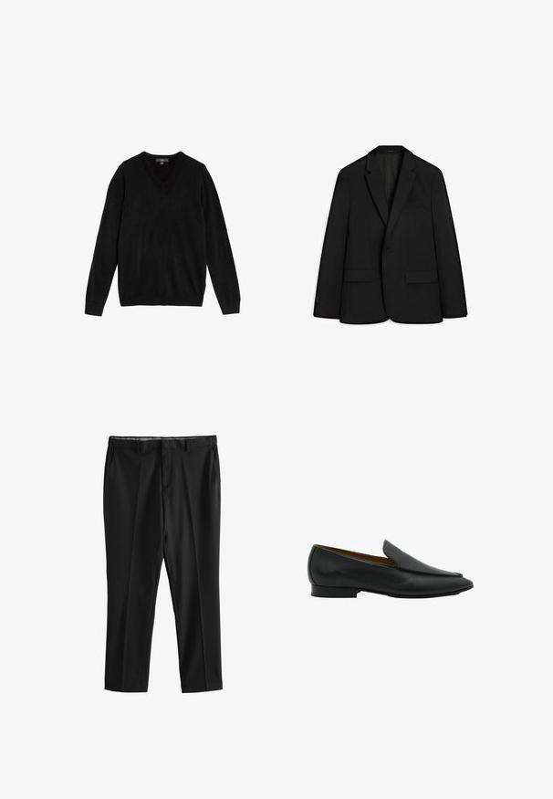 Schwarze Blazer aus schickem Stoff; verfügt über einen Reverskragen, zwei Vorderaschen und einen einzelnen Knopfverschluss. Glatte Textur und taillierte Passform.; Schwarzer V-Ausschnitt-Pullover aus weichem, gestricktem Stoff. Lange Ärmel, gerippte Bündchen und Saum, schlichtes Design ohne Muster oder Akzente.; Schwarze formelle Hose mit Gürtelschlaufen, Vordertaschen und geradem Bein, flach auf weißem Hintergrund dargestellt.; Schwarzer Leder-Slipper mit niedrigem Absatz und leicht spitz zulaufender Schuhspitze, von der Seite vor weißem Hintergrund gezeigt.