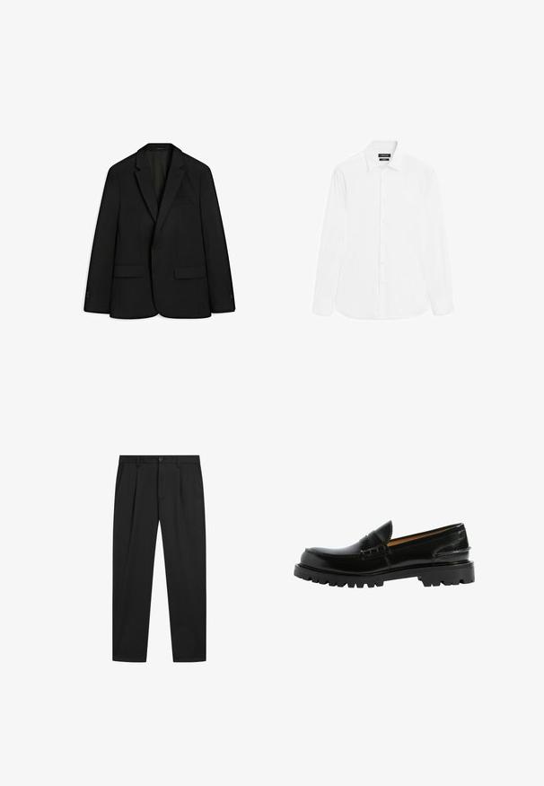Schwarze Blazer aus schickem Stoff; verfügt über einen Reverskragen, zwei Vorderaschen und einen einzelnen Knopfverschluss. Glatte Textur und taillierte Passform.; Weißes Langarmhemd mit klassischem Kragen, Knopfverschluss und glatter Textur. Keine Muster oder Akzente. Standardpassform.; Schwarze maßgeschneiderte Hose mit Gürtelschlaufen, vorderem Knopf, Reißverschluss und Seitentaschen, dargestellt auf weißem Hintergrund.; Schwarze Lederloafers mit einer bequemen Silhouette, strukturierten Details im Obermaterial und einer robusten schwarzen Gummisohle.