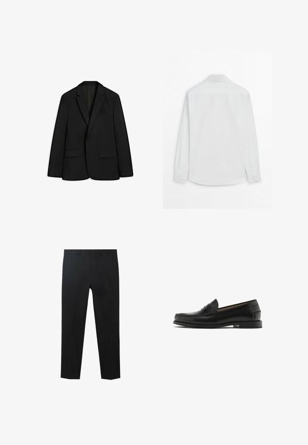 Blazer noir en tissu élégant ; doté d'un revers cranté, de deux poches avant et d'une fermeture à un bouton. Texture lisse et coupe ajustée.; Vue arrière d'une chemise de ville blanche unie à manches longues avec poignets boutonnés et col standard sur fond blanc.; Pantalons noirs en tissu lisse, dotés d'une coupe droite, d'une taille plate et de poches discrètes. Pas de motifs ou d'accents visibles.; Mocassins en cuir noir avec un bout arrondi, des détails de surpiqûres, une texture lisse et un petit talon carré. Aucune décoration ou motif visible.