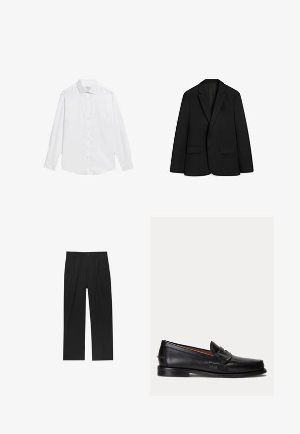 Blazer noir en tissu élégant ; doté d'un revers cranté, de deux poches avant et d'une fermeture à un bouton. Texture lisse et coupe ajustée.; Chemise blanche à boutons en tissu lisse, avec un col classique, des manches longues et un ourlet droit sans motifs ni accents.; Pantalons noirs au design droit, fabriqués à partir d'un tissu lisse. Dotés de plis sur le devant et d'une fermeture à un bouton à la taille.; Mocassin en cuir noir avec un petit talon et une bride penny, vu de côté sur un fond gris clair.