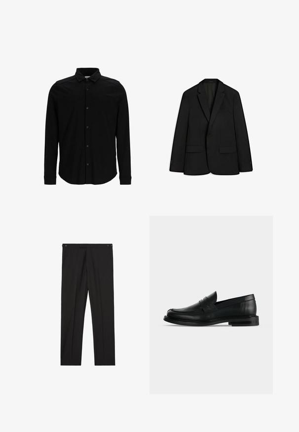 Zwarte blazer gemaakt van sleek stof; voorzien van een paspelkraag, twee voorzakken en een enkele knoopsluiting. Zachte textuur en getailleerde pasvorm.; Zwarte langmouwen shirt van gladde stof, met een knoopsluiting aan de voorkant, een kraag en een subtiel geborduurd logo op de borst.; Zwarte rechte broek met zijzakken en knoopdetails in de taille, weergegeven tegen een witte achtergrond.; Zwarte leren heren penny loafer met lage gestapelde hak en afgeronde neus, zijaanzicht op lichte grijze achtergrond.