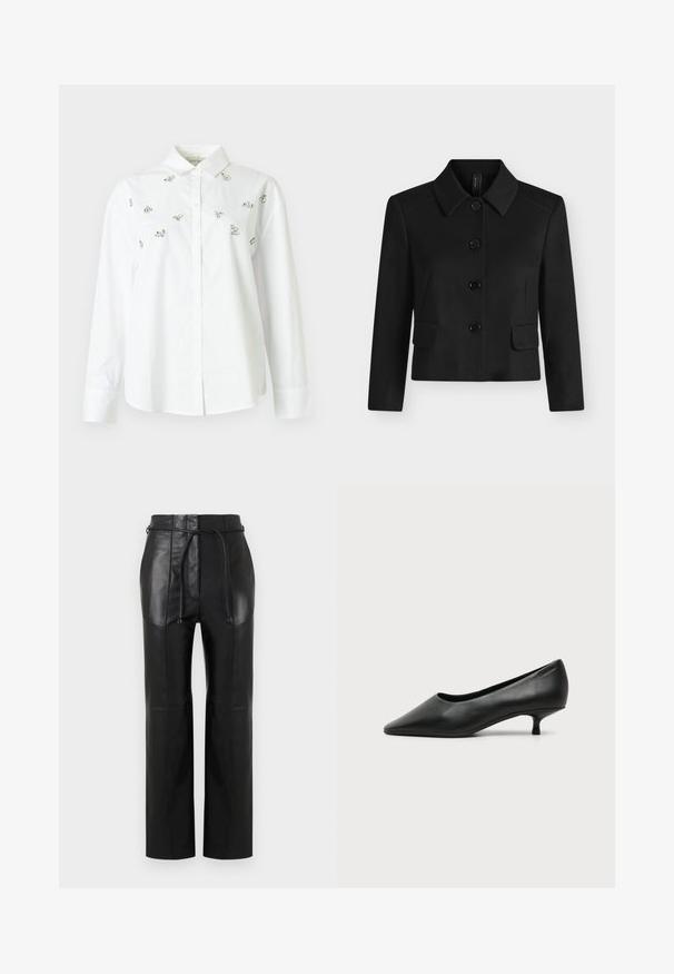 Veste noire à manches longues et col, avec quatre gros boutons et deux poches à rabat sur le devant, présentée sur un fond clair et uni.; Chemise blanche boutonnée en coton, ornée de petits embellissements argentés dispersés. Manches longues et col classique.; Pantalons noirs taille haute en faux cuir avec une coupe slim, des jambes droites et une fine ceinture nouée à la taille.; Escarpin femme en cuir noir à petit talon, bout pointu et petit talon kitten sur fond clair uni.