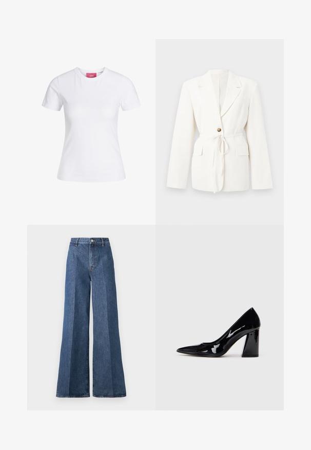 Hvid skræddersyet blazer med hakkede revers, en brun knap, bindebælte i taljen og klaplommer på hver side.; Hvid slimfit t-shirt med korte ærmer og rund halsudskæring med en lyserød JJXX-label indeni kraven, vist mod en ensfarvet baggrund.; Bredde ben blå denim jeans med høj talje, med klassisk fem-lomme stil og knaplukning, lavet af struktureret bomstof.; Sorte lakerede højhælede sko med spids tå og en kraftig hæl, der har en glat, skinnende overflade og et elegant design.