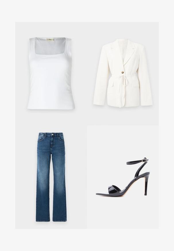 Blazer blanc cintré avec revers crantés, un bouton marron, ceinture à nouer à la taille, et poches à rabat de chaque côté.; Débardeur blanc à encolure carrée fabriqué en tissu lisse. Présente des bretelles larges et une silhouette ajustée. Aucune motif ou ornement visible.; Jeans en denim bleu avec une coupe droite, cinq poches, un léger décoloration, fermeture par bouton et détails de couture contrastants.; Sandale à talon haut en cuir verni noir, à bout ouvert, avec bride à la cheville et fermeture à boucle, vue de profil sur fond blanc.