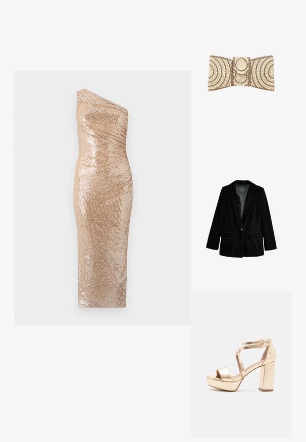 Sort velour blazer med sjalskrave, enkelt knaplukning og to frontlommer. Har en glat tekstur og skræddersyet pasform.; Bodycon kjole med en skulderdesign, lavet af glitrende stof i guld. Har en tætsiddende silhuet og glat tekstur.; Guld metalisk platform sandaler med en chunky blokhælk, åben tå og krydsede ankelstropper med spænde detaljer. Glat tekstur.; Clutch med guld- og perleudsmykning, dekoreret med cirkulære mønstre og et centralt flap-lukning, sat mod en hvid baggrund.