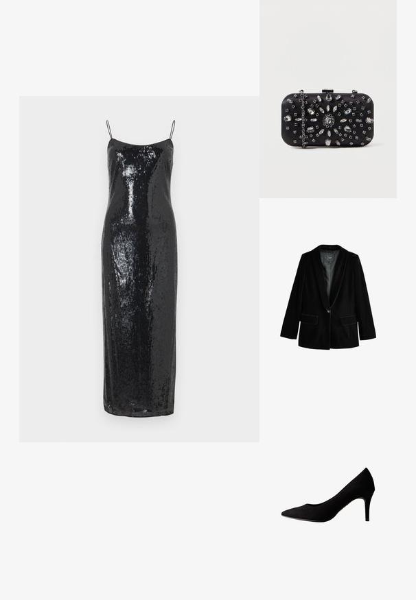 Blazer de terciopelo negro con cuello chal, cierre de un solo botón y dos bolsillos frontales. Presenta una textura suave y un corte entallado.; Vestido negro de lentejuelas con silueta ajustada, tirantes finos y largo hasta la mitad de la pantorrilla. Textura suave con detalles brillantes en la superficie.; Zapato de salón de ante negro con tacón alto, punta puntiaguda y textura suave, con un tacón delgado y costuras sutiles a lo largo de los bordes.; Clutch negro de forma rectangular, decorado con varios strass en un patrón floral, con una cadena plateada para llevar.