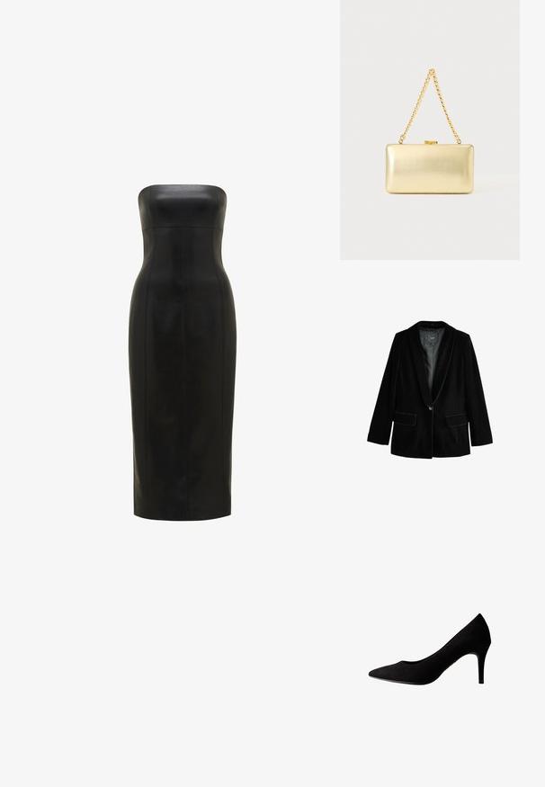 Zwarte fluwelen blazer met een sjalkraag, sluiting met één knoop en twee voorzakken. Heeft een gladde textuur en een getailleerde pasvorm.; Zwarte, strapless leren jurk met een getailleerde silhoutte, knie-lang, gladde textuur en verticale naden voor definitie.; Zwarte suède pump met hoge hak, puntige neus en een gladde textuur, met een slanke hak en subtiele stiksels langs de randen.; Rechthoekige gouden clutch met glanzende afwerking, metalen sluiting en korte gouden kettinghengsel tegen een effen lichte achtergrond.