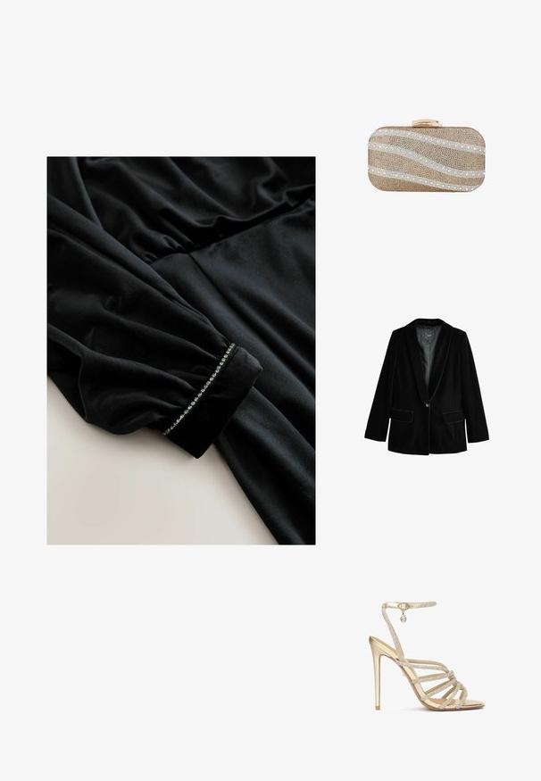 Blazer en velours noir avec col châle, fermeture à un bouton et deux poches avant. Caractérisé par une texture lisse et une coupe ajustée.; Robe en velours noir à manches longues, présentant des détails froncés à la taille et des poignets ornés d'une rangée de petits accents brillants.; Sandales à talons hauts dorées avec plusieurs brides ornées de cristaux et une sangle de cheville, présentant une finition métallique lisse et un bout pointu.; Petite pochette rectangulaire dorée recouverte de perles dorées et de sequins blancs disposés en motifs ondulés en diagonale, avec un fermoir doré sur le dessus.