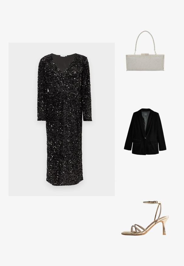 Blazer en velours noir avec col châle, fermeture à un bouton et deux poches avant. Caractérisé par une texture lisse et une coupe ajustée.; Robe noire à sequins avec manches longues, encolure en V profonde et longueur jusqu'aux chevilles. La texture scintillante renforce l'intérêt visuel.; Sandale à talon haut dorée avec des lanières fines ornées de strass au niveau des orteils et une sangle à la cheville avec fermeture à boucle.; Pochette rectangulaire en argent avec un design en maille, dotée d'une anse en chaîne et d'une fermeture à verrou en métal. Texture lisse avec des accents scintillants.