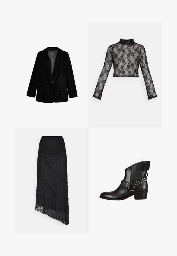 Čierny sametový blejzer so šálovým golierom, jedným gombíkom a dvoma prednými vreckami. Má hladkú štruktúru a pohodlný strih.; ONLY ONLHELENA HIGH NECK LACE - Top s dlhým rukávom - black; ONLY ONLKIM SLIT - Maxisukňa - black; Čierne kožené členkové čižmy s špicatou špičkou, doplnené kovovými nitmi a ozdobným pásikom. Nízky blokový opatok a hladký povrch.