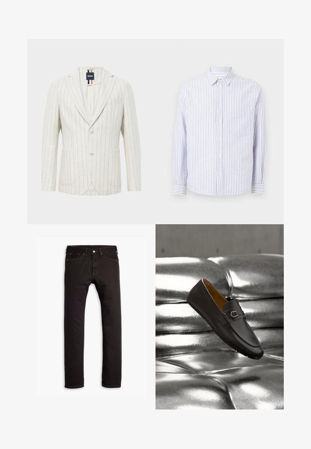 Off-white blazer med tynde lodrette blå striber, to knapper, slagkrave, to forlommer, en brystlomme og BOSS mærke indeni kraven.; Stribet skjorte i lyseblå og hvid. Har en spids krave, lange ærmer og en enkelt brystlomme. Bomuldsstof.; Sorte slim-fit jeans med fem lommer og knaplukning, præsenteret fladt på en hvid baggrund.; Mørkebrune læderloafer med metalspænde, der svæver over en blank sølvpolstret overflade.