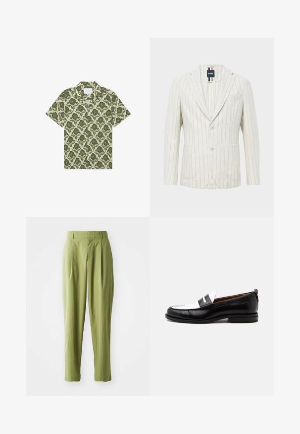 Off-white blazer met dunne verticale blauwe strepen, twee knopen, notch-facings, twee voorzakken, één borstzak en een BOSS label aan de binnenkant van de kraag.; Korte mouwen overhemd met een groen bloemenpatroon op een licht beige achtergrond. Heeft een kraag en een label met de tekst "Les Deux".; Lichtgroene broek van een gestructureerde stof, met een rechte pasvorm, plooien aan de voorkant en een standaard tailleband.; Zwart-witte leren loafer met gestikte details, lage hak en slip-on ontwerp, zijaanzicht op een egale achtergrond.