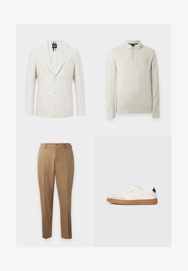Off-white blazer met dunne verticale blauwe strepen, twee knopen, notch-facings, twee voorzakken, één borstzak en een BOSS label aan de binnenkant van de kraag.; Poloshirt met lange mouwen in lichtbeige, gemaakt van zachte stof. Voorzien van een kraag, een knoopsluiting met drie knopen en subtiele logo-borduring op de borst.; Bruine maatwerkbroek met een rechte pasvorm, enkele plooien, riemlussen en een sluiting met een knoop aan de voorkant. Gladde stof met een matte textuur.; Witte sneakers met beige accenten, bovenwerk van glad leer, ronde neus en rubberen gumzool, met een zwarte hieltab en subtiele branding.