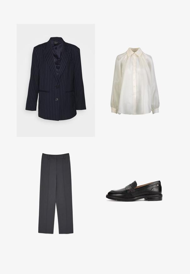 Mossman THE REBORN - Blazer - dark blue; Blusa de manga larga color crema con cierre de botones en la parte delantera, cuello puntiagudo, hombros fruncidos y mangas con puños.; Pantalones grises a medida con un diseño de pierna recta, que cuentan con pliegues prensados, una textura suave y presillas para cinturón. No hay bolsillos visibles.; Mocasín penny de piel negra con tacón bajo, puntera tipo mocasín, costuras decorativas y pequeño remache metálico en la parte trasera.