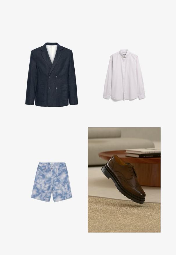 Dunkelblaues, doppelt geknöpftes Blazer mit Klapprevers, vier Knöpfen, zwei Fronttaschen und einem weißen Innenfutter.; Weißes, langärmeliges Hemd mit dünnen vertikalen grauen Streifen und spitzem Kragen, flach auf einem weißen Hintergrund liegend.; Hellblaue Jeansshorts mit Wolkenmuster. Aus Baumwolle gefertigt, verfügen sie über ein klassisches Fünf-Taschen-Design und einen Knopfverschluss.; Brauner Leder-Brogue-Schuh mit schwarzer Sohle schwebt über einem beigen Teppich, im Hintergrund ein Holztisch und gestapelte Bücher.