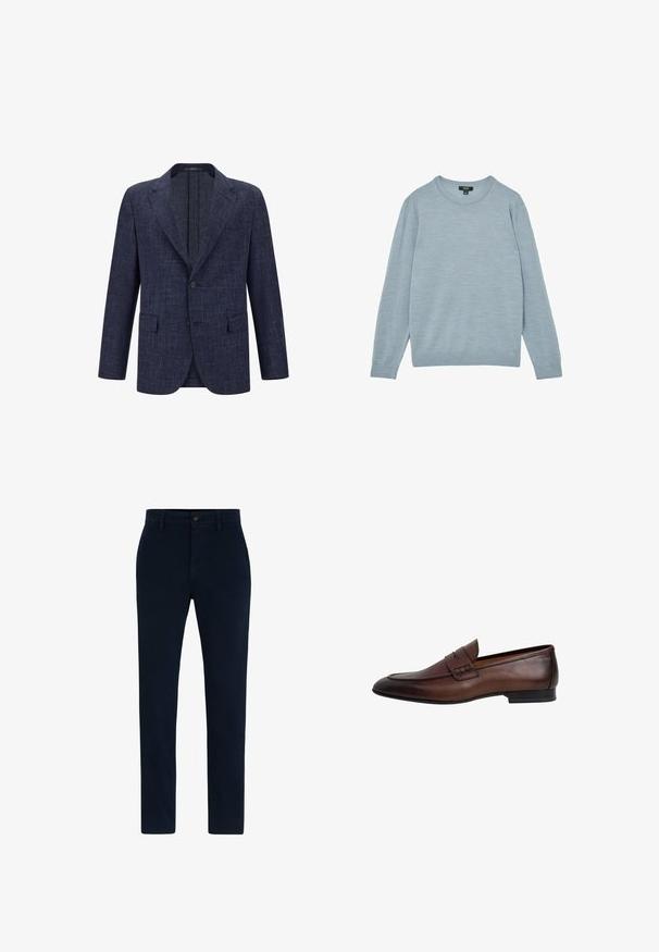Marineblauwe blazer van textuurstof, met twee voorzakken, een enkele knoopsluiting en een notch kraagontwerp.; Lichtblauwe trui van zachte stof, met een ronde hals en lange mouwen. Minimalistisch ontwerp met geribde manchetten en zoom.; Marineblauwe chino's gemaakt van een zachte, duurzame stof. Voorzien van een knoopsluiting, riemlussen en een recht gesneden ontwerp. Geen zichtbare patronen.; Donkerbruine leren herensloafers met een pennyriem, afgeronde neus, lage hak en een gladde afwerking.